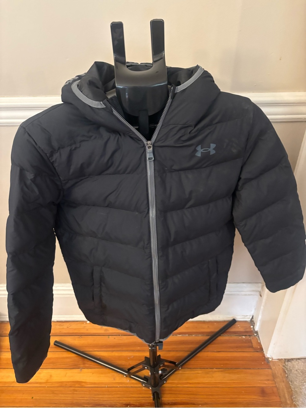 Under Armour Kids Black Hooded Puffer Jacket with Gray Trim